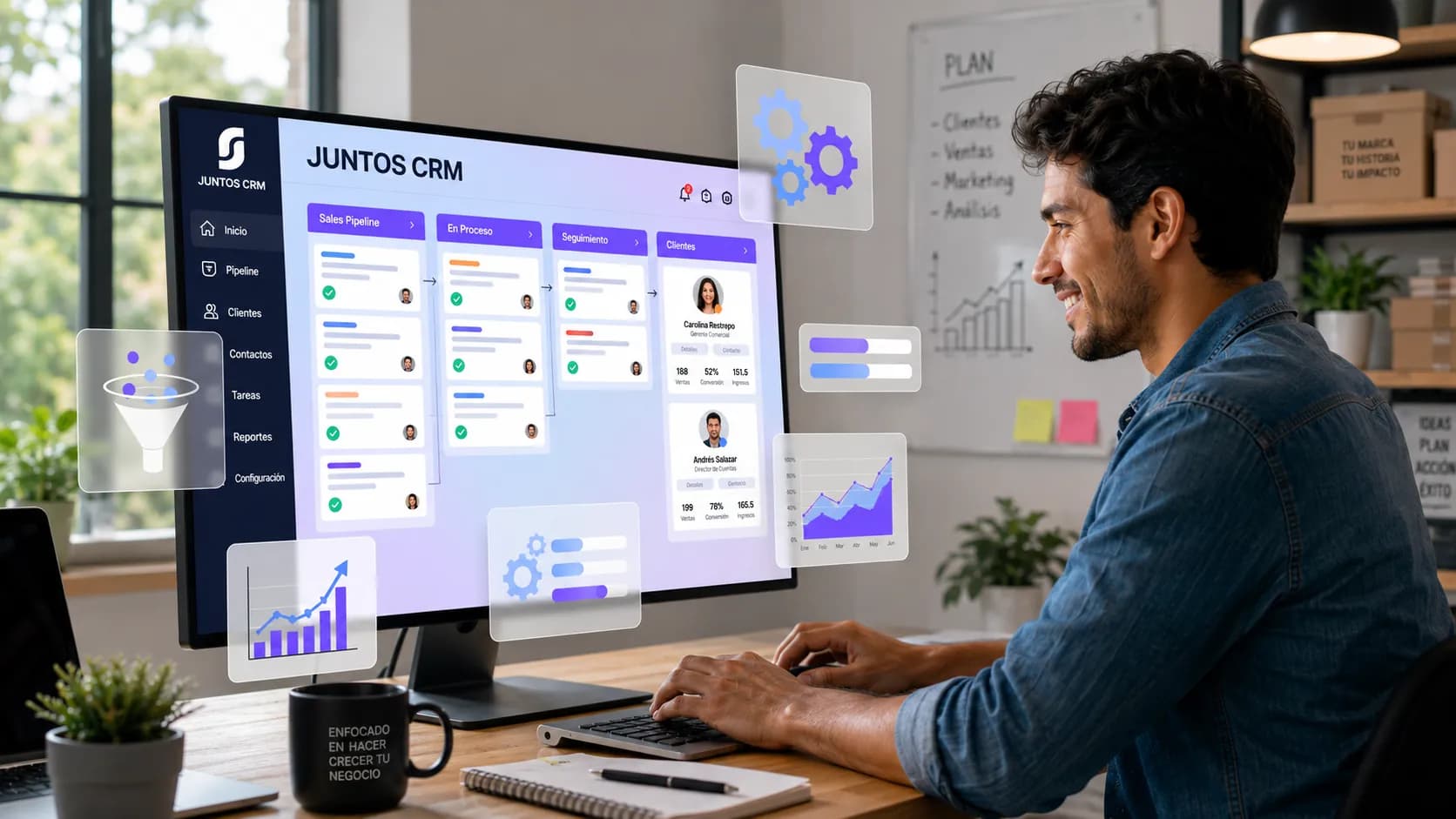 Emprendedor usando Juntos CRM para gestionar su pipeline de ventas y clientes